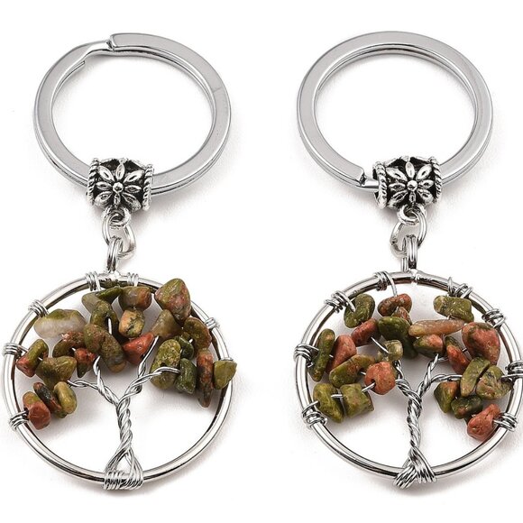 NWOT Natural Unakite Handmade Wire wrap tree of Life KeyChain Holder or Pendant - Picture 1 of 2